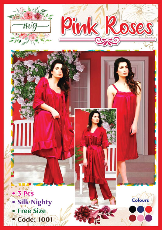 Pink Roses - Silk 3 PCs Panty Set (Red)