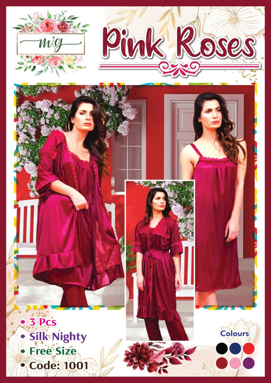 Pink Roses - Silk 3 PCs panty set (Maroon)