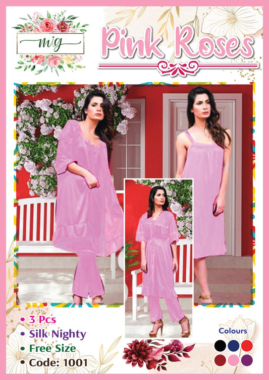 Pink Roses - Silk 3 PCs Panty Set (Pink)