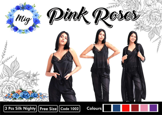 Pink Roses - Silk 3 PCs Panty Set