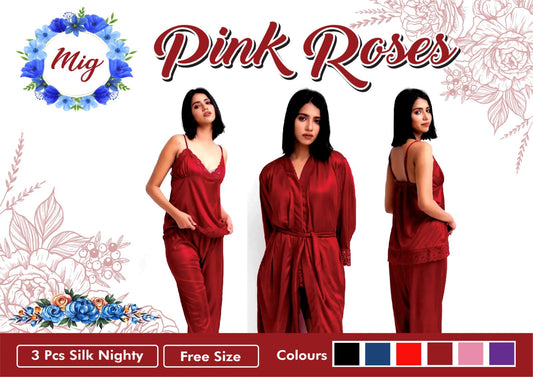 Pink Roses - Silk 3 PCs Panty Set (Maroon)