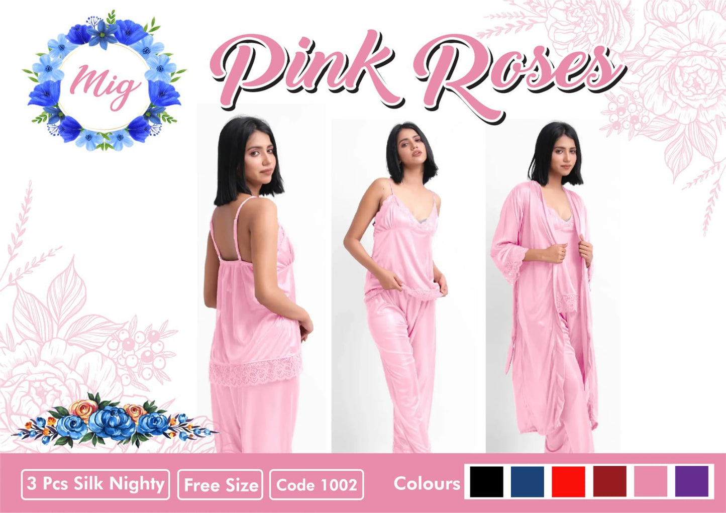 Pink Roses - Silk 3 PCs Panty Set (Pink)