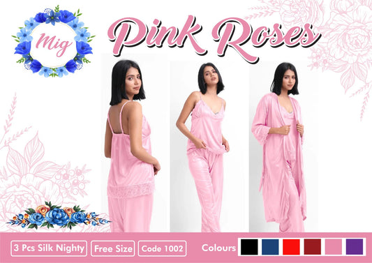 Pink Roses - Silk 3 PCs Panty Set (Pink)