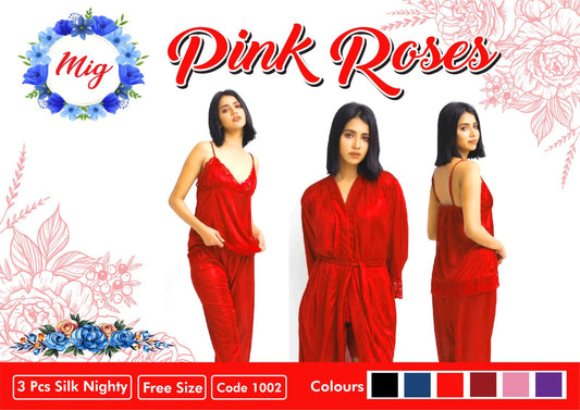 Pink Roses - Silk 3 PCs Panty Set (Red)